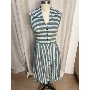Vintage 1950s Seafoam & Gray Striped Sleeveless Button Front Shirtwaist Dress S